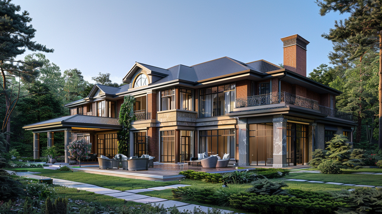 Large modern house with brick and stone exterior, surrounded by trees and a well-manicured lawn, with outdoor seating area in front.