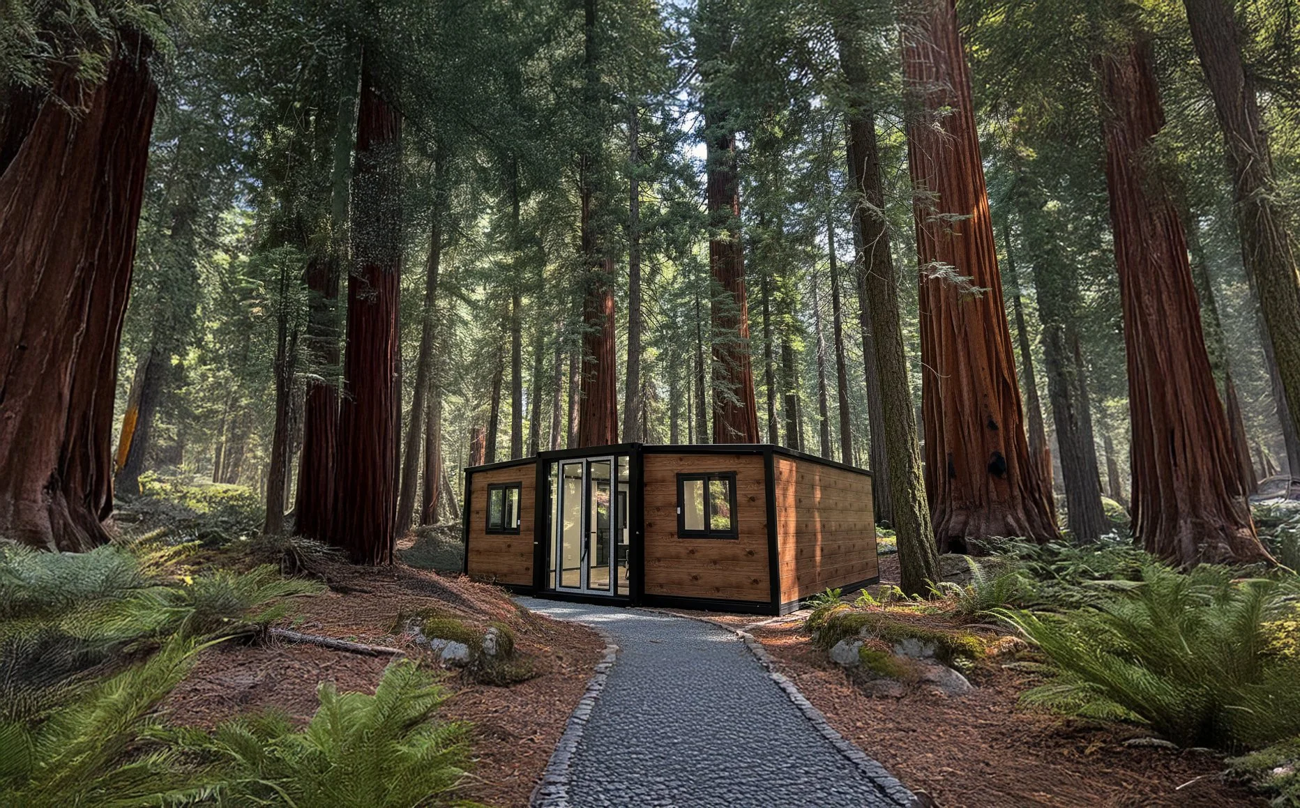 A small modern wooden cabin with black trim and glass doors is situated in a dense forest of tall redwood trees. A gravel pathway leads to the cabin, surrounded by green ferns and forest floor foliage.