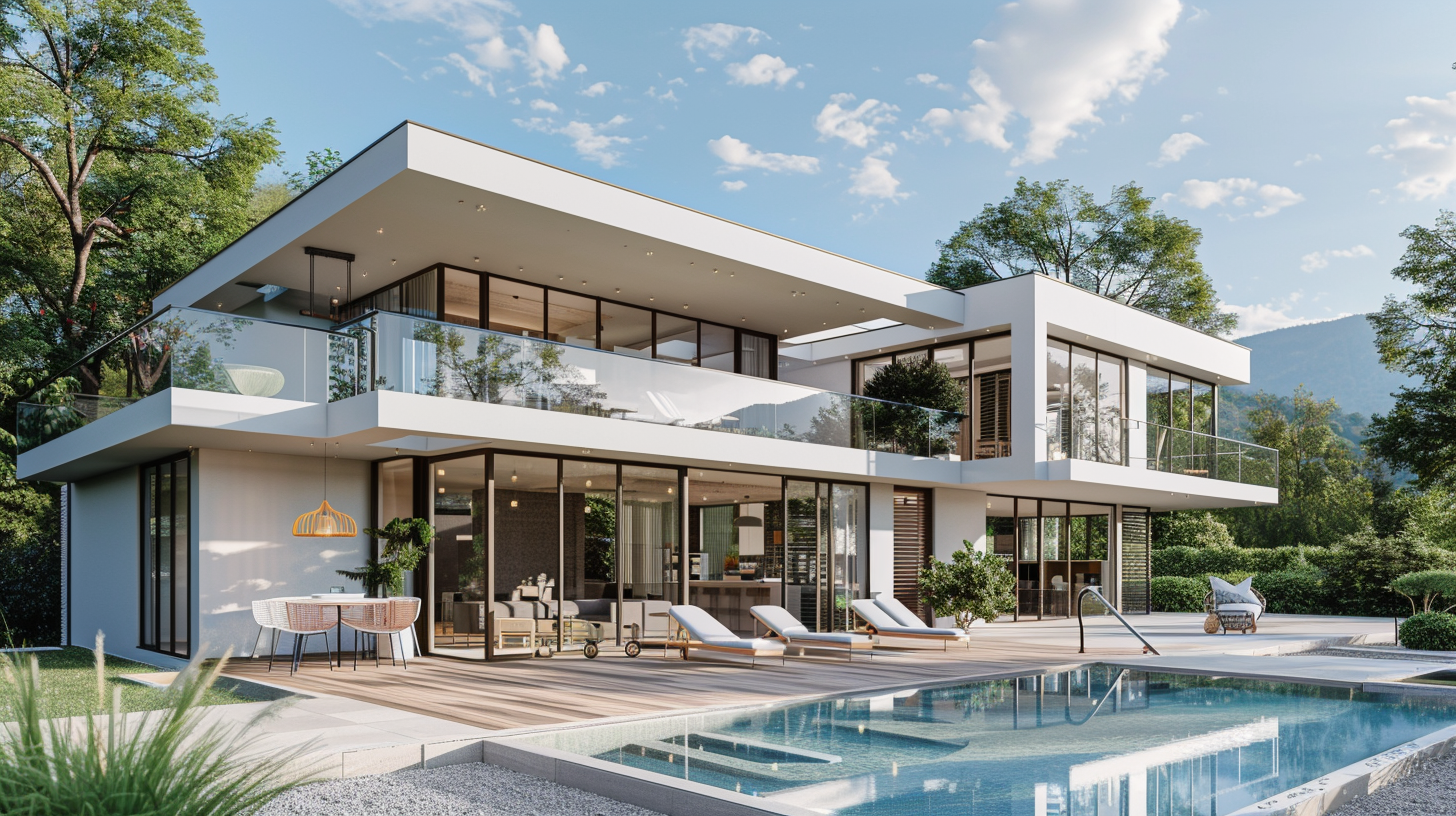 Modern white three-story house with large glass windows, balconies, and outdoor patio with lounge chairs, pool, and greenery.