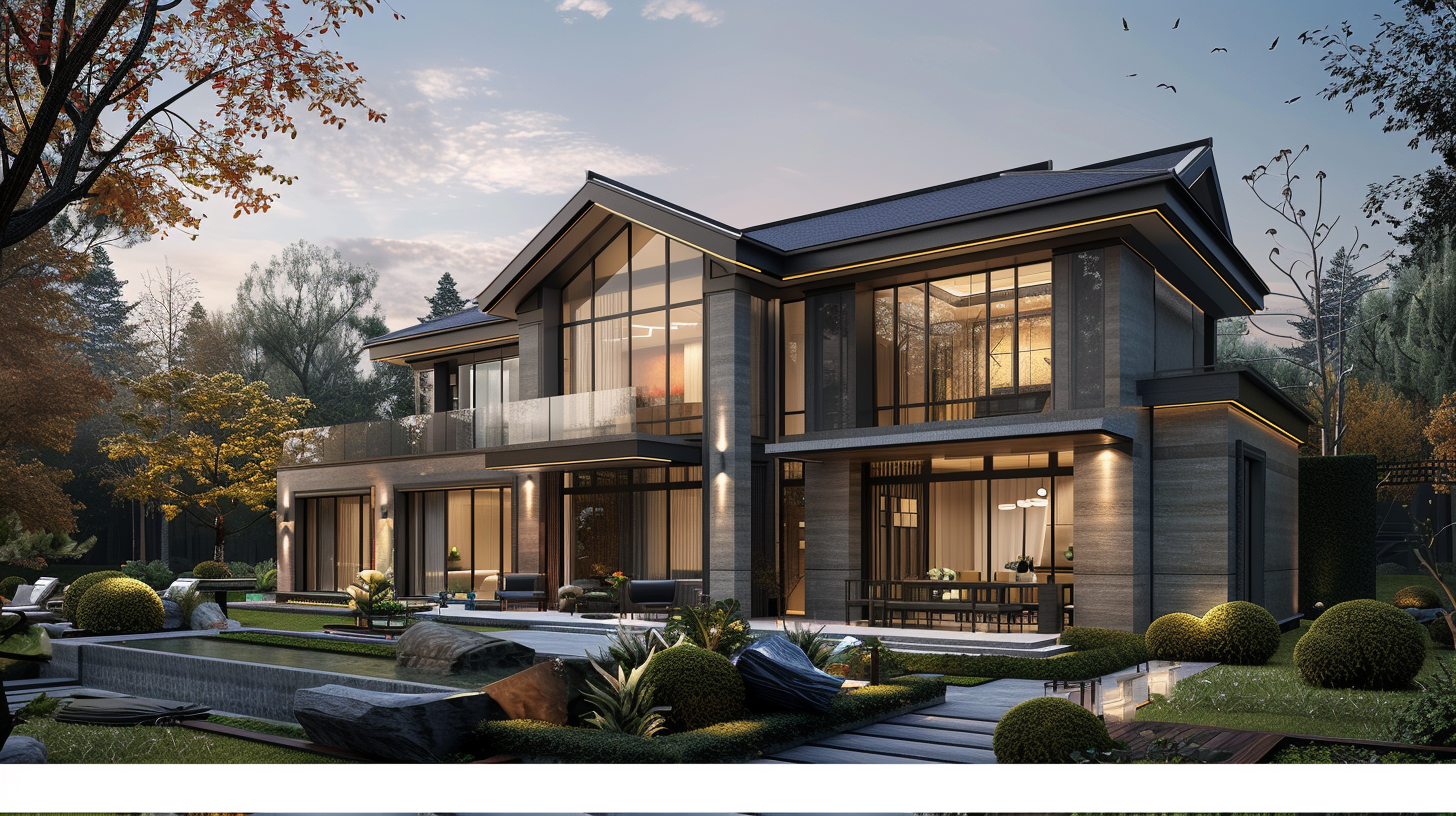 A modern two-story house with large glass windows and a landscaped yard featuring rocks, shrubs, and trees during dusk