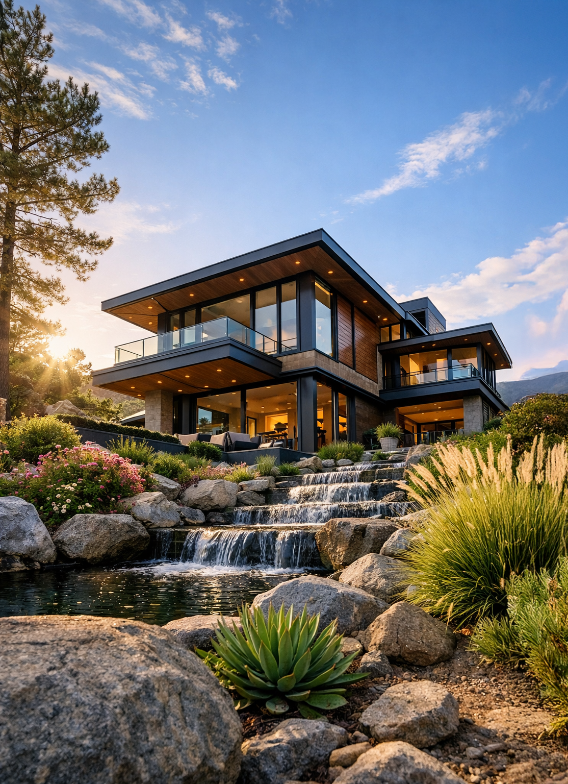 Modern multi-story house with large glass windows, balconies, and outdoor lighting, surrounded by landscaped garden with rocks, flowering plants, and a small waterfall, under a partly cloudy sky at sunset.
