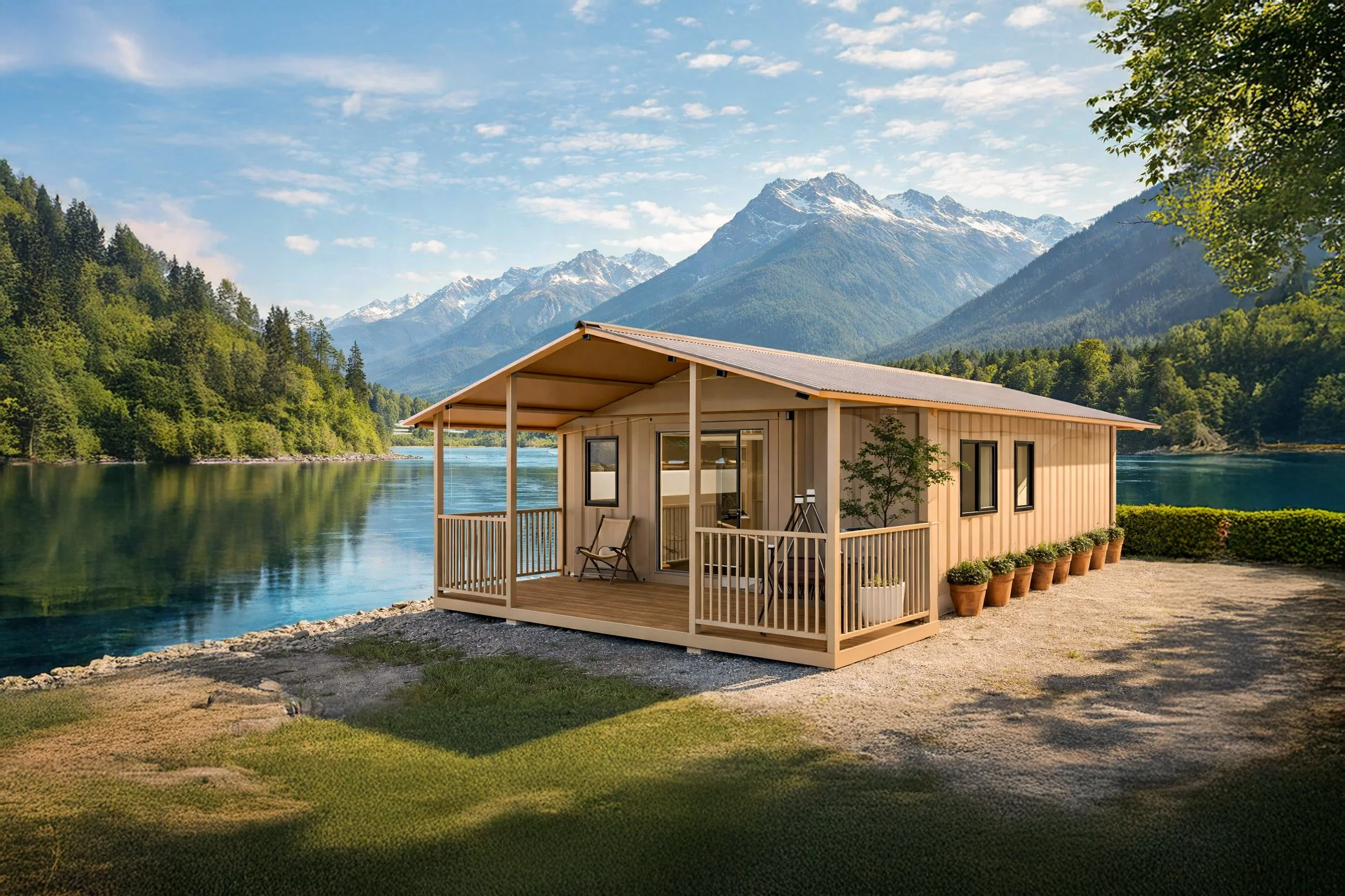 A small house with a deck by a lake, surrounded by trees and mountains in the background, under a partly cloudy sky.