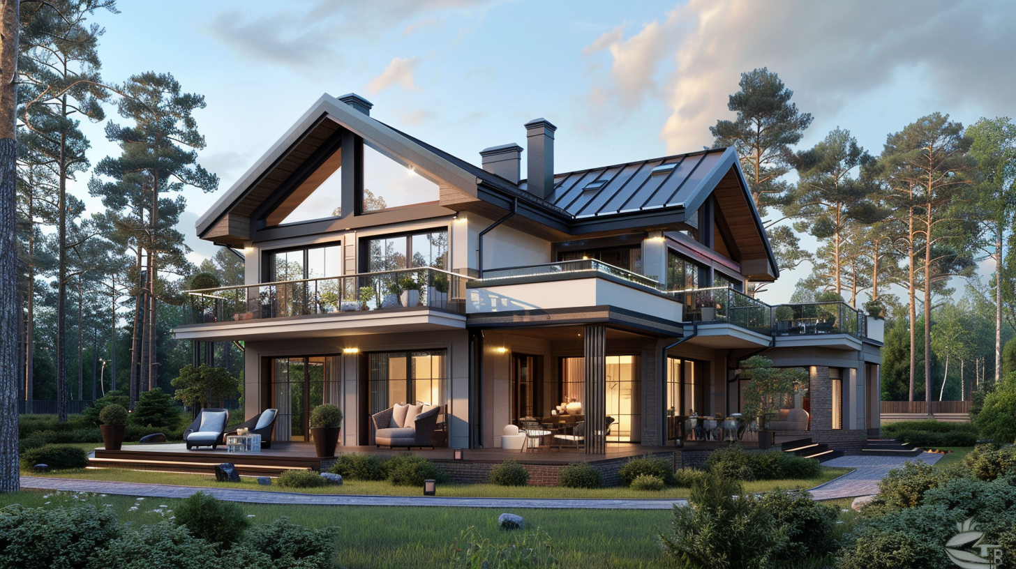 Modern multi-story house with large windows, balconies, and a landscaped yard, surrounded by trees at sunset.