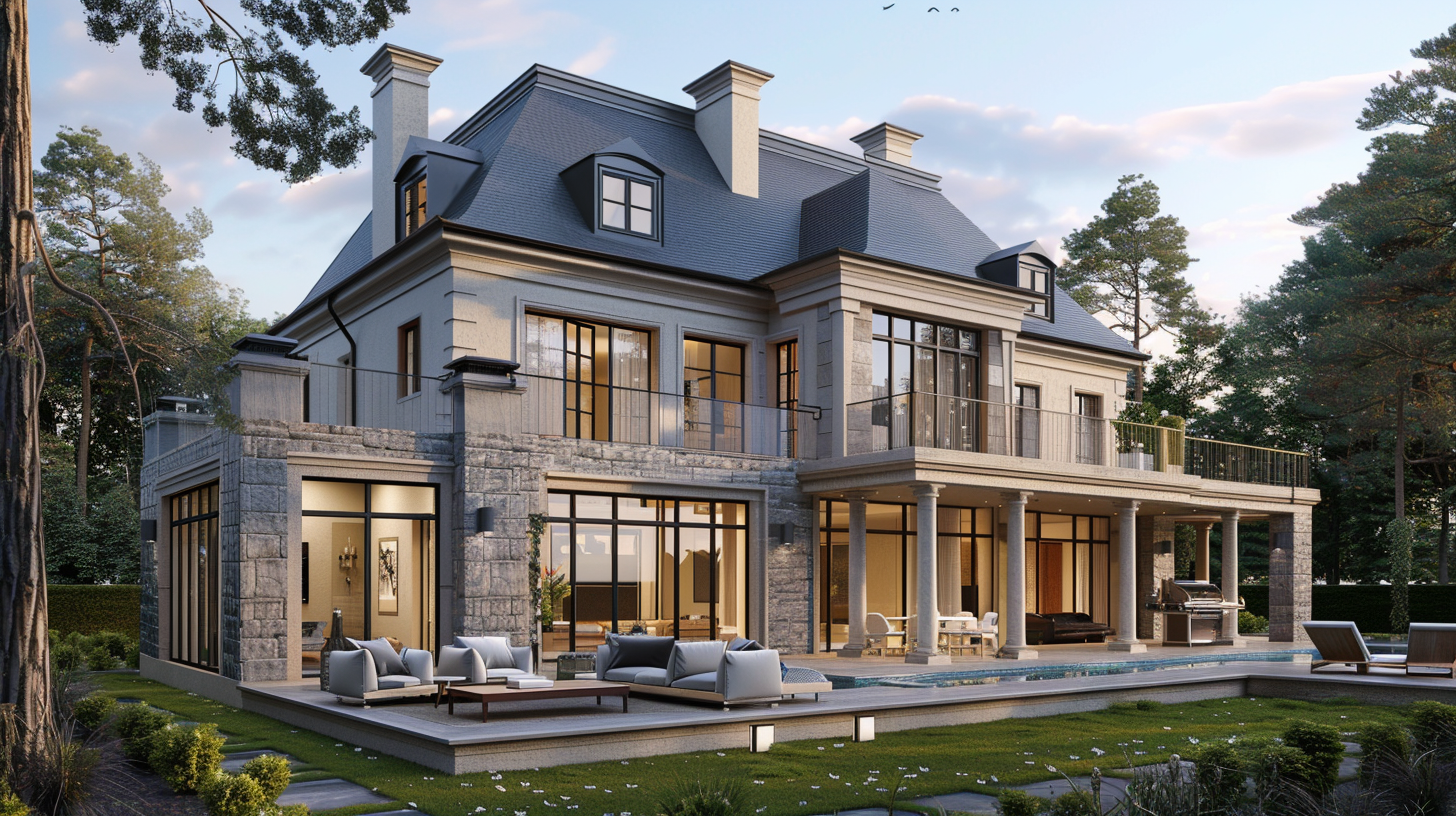 Luxury mansion with stone exterior, multiple balconies, large glass windows, outdoor seating area with cushioned chairs, pool, and surrounding greenery.