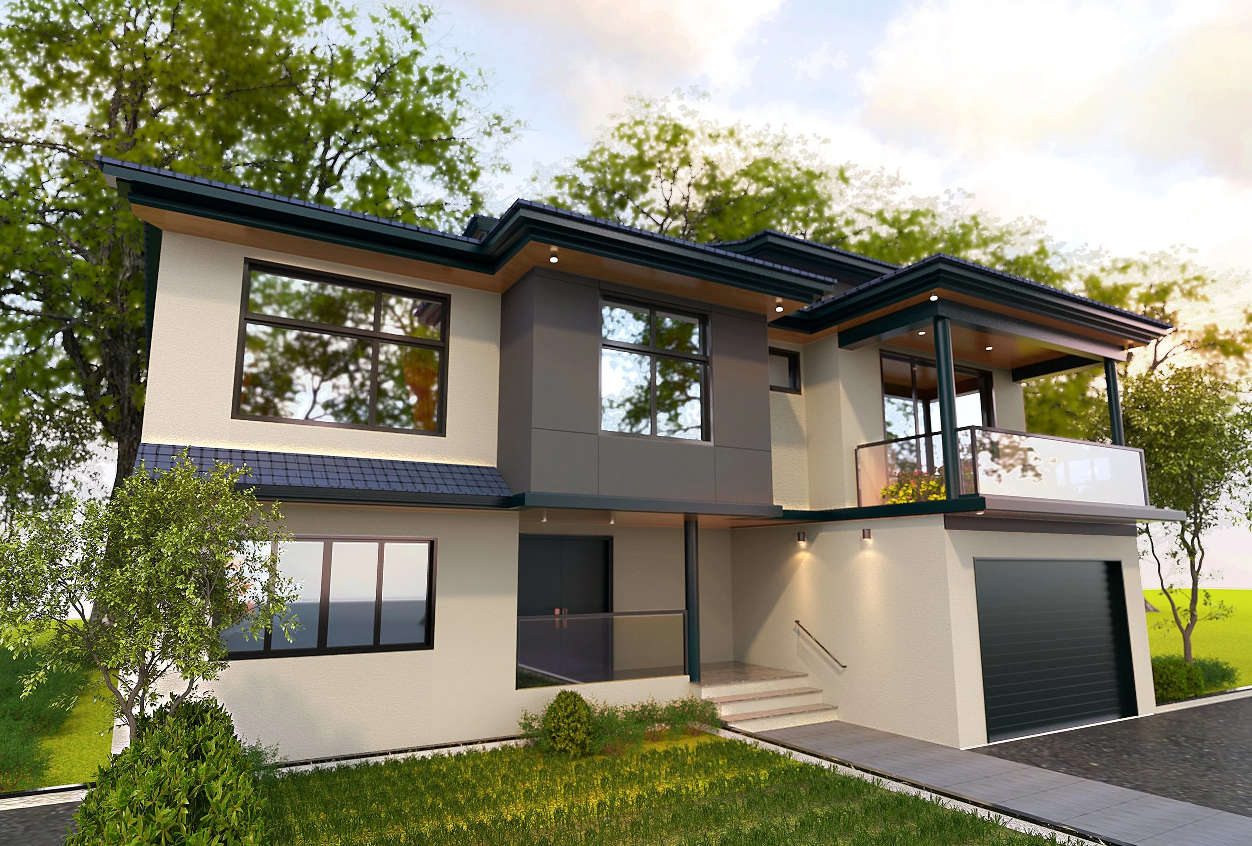 Modern two-story house with large windows and a combination of white, gray, and black exterior. The house has a balcony with a glass railing, a sloped roof with overhangs, and is surrounded by green trees and lawn. The front entrance has a staircase 
