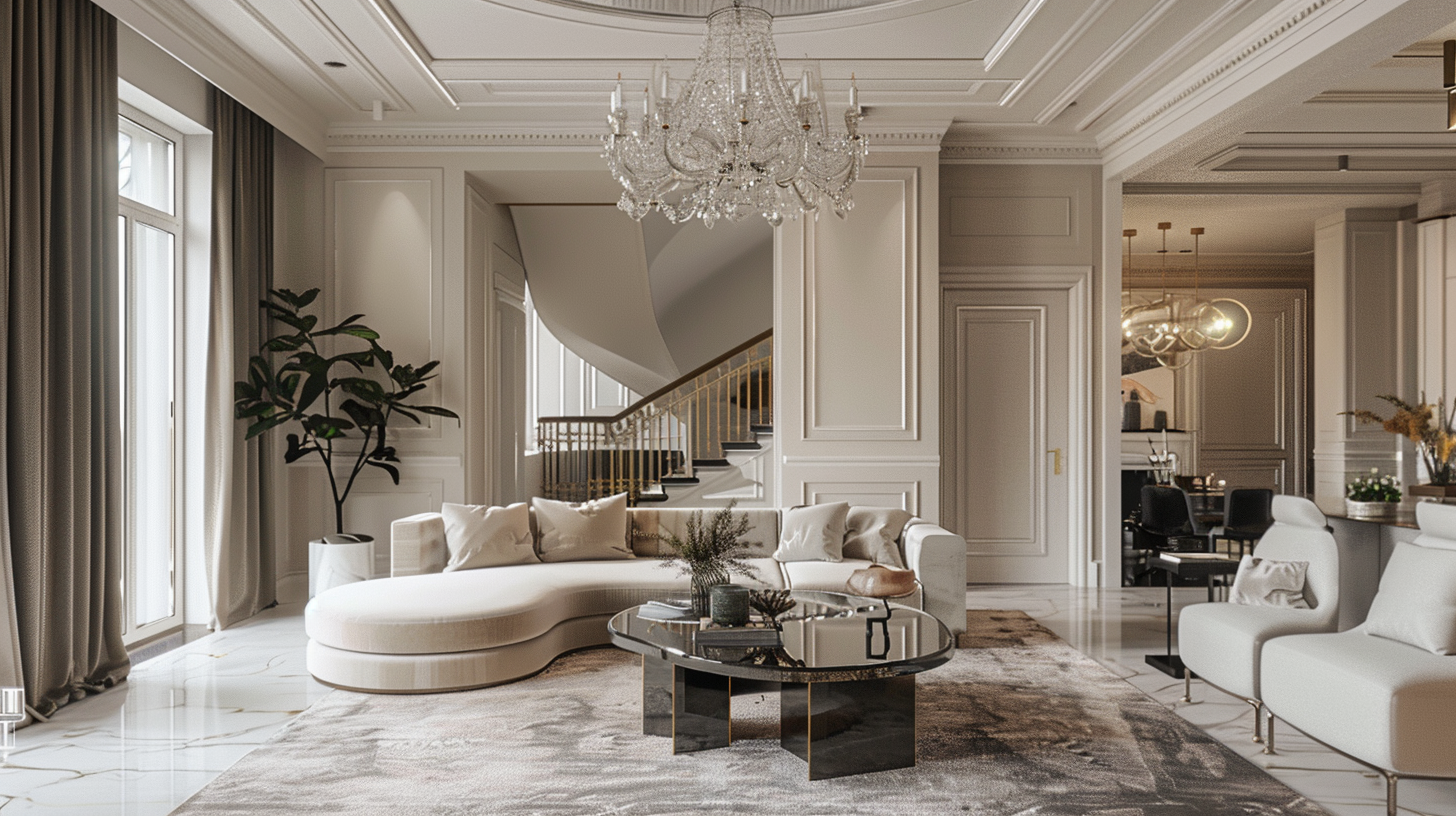 Elegant living room with cream-colored sectional sofa, white armchair, black marble coffee table, and large window with curtains. Crystal chandelier hangs from ceiling, staircase with gold railing in the background, and decorative plants and rugs enh