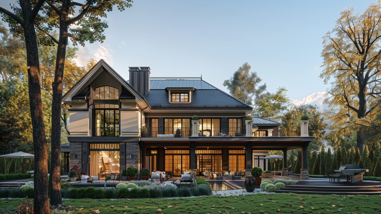 Luxury house with large glass windows, a balcony, and a landscaped yard with trees, shrubs, and outdoor seating.