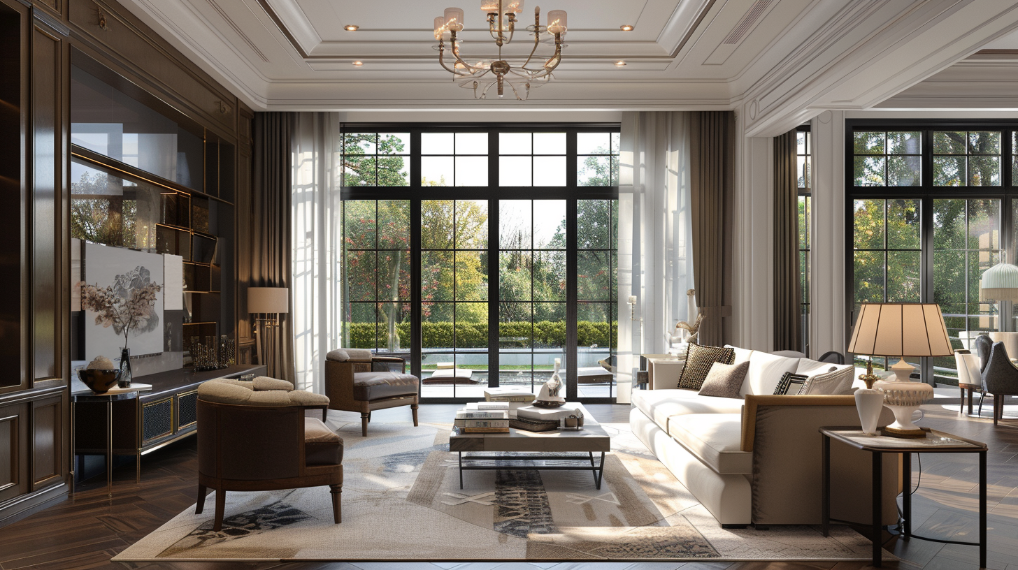 A spacious, modern living room with large glass windows showing a garden outside. It features a white sofa with pillows, a coffee table with books and decorative items, armchairs, and a side table with a lamp. The room has a chandelier, wooden floori