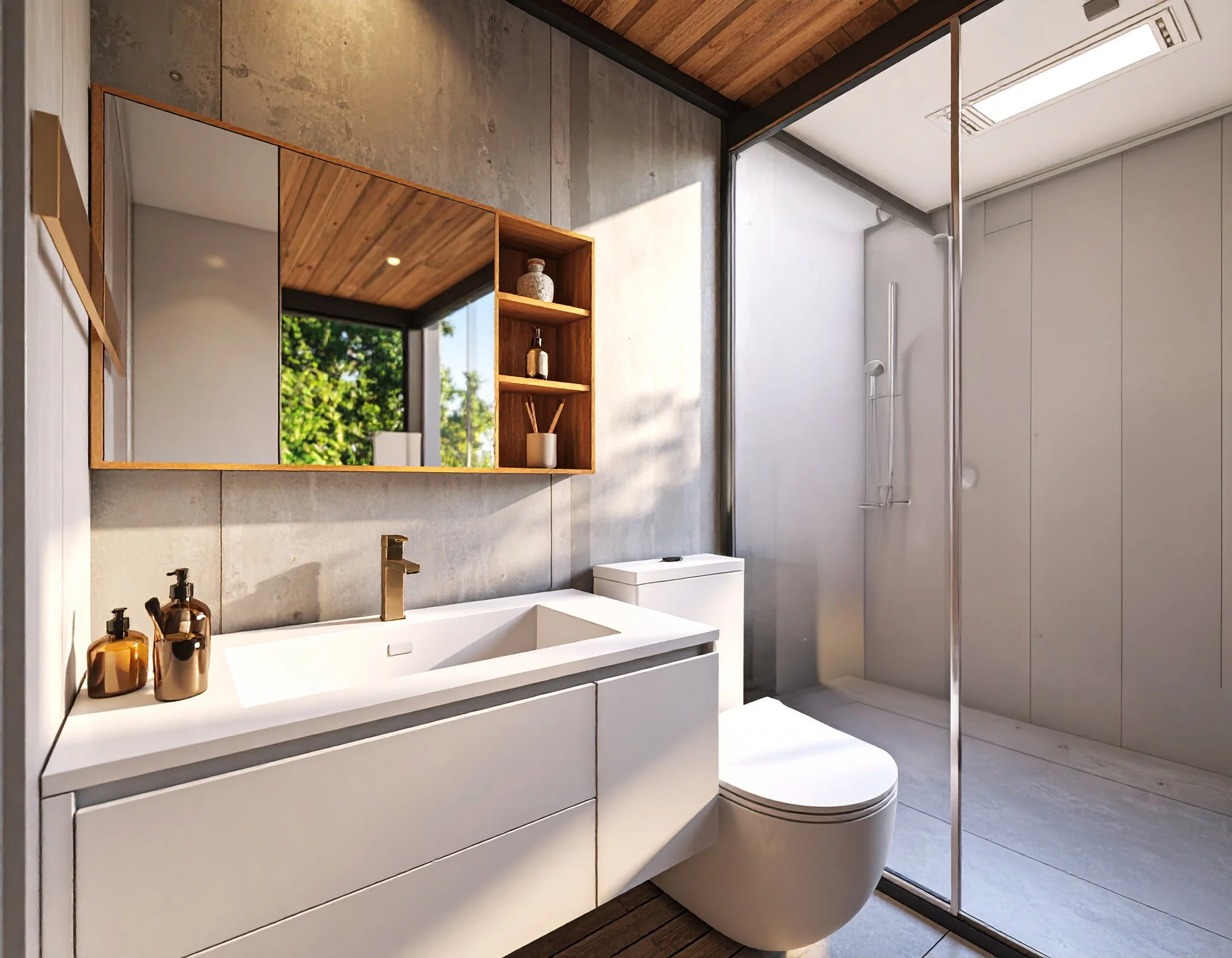 A modern bathroom featuring a white vanity with a rectangular sink, a wall-mounted faucet, and two gold vases on top. Above the vanity, there is a large mirror with an asymmetrical wooden shelf holding decorative items. To the right, there is a glass