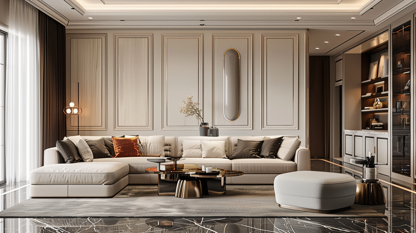 Modern living room with a large cream sectional sofa, coffee table, ottoman, and built-in bookshelf, with curtains and recessed lighting.