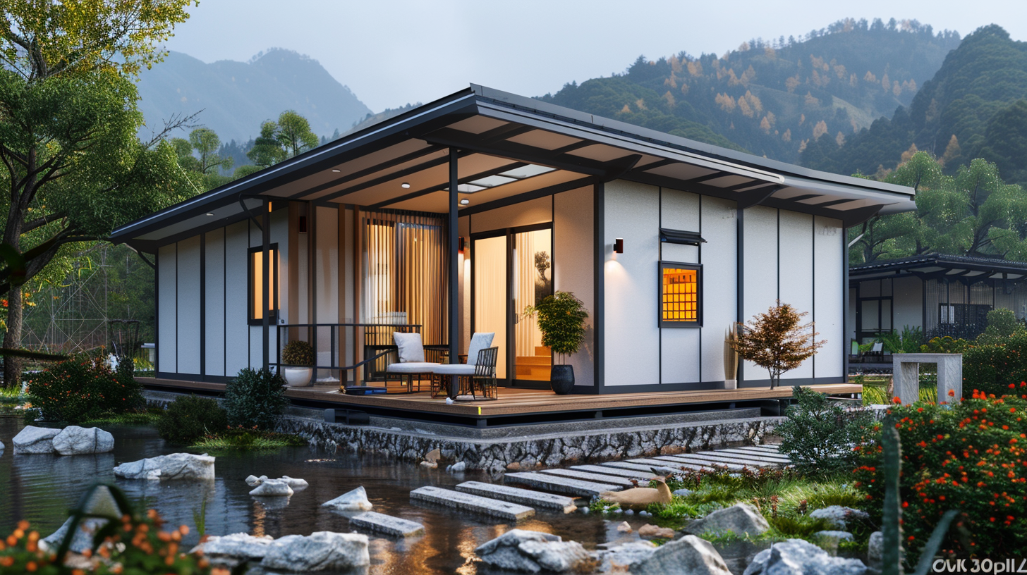 Modern house with large windows and a porch, surrounded by a garden with rocks, plants, and a small pond, set against green mountains in the background.