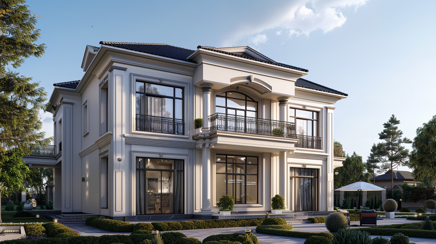 A large, modern, white mansion with multiple large windows and a balcony, surrounded by a well-maintained garden with trimmed bushes and a patio area with outdoor furniture and an umbrella.