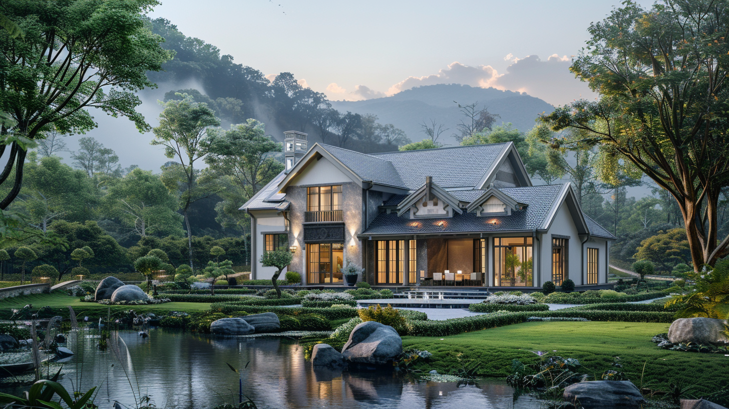 A large house with a gray roof and beige walls, surrounded by a lush green landscaped garden with a pond in the foreground, and mountains in the background.