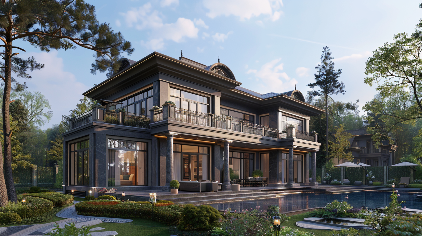Luxurious multi-story house with large windows, a balcony, and a swimming pool in a lush green garden, surrounded by trees under a partly cloudy sky.