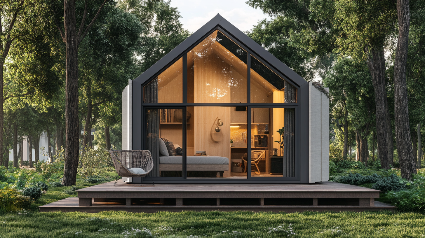 A tiny modern house with large glass windows and a wooden interior, located in a lush forest with a wooden deck and outdoor seating.