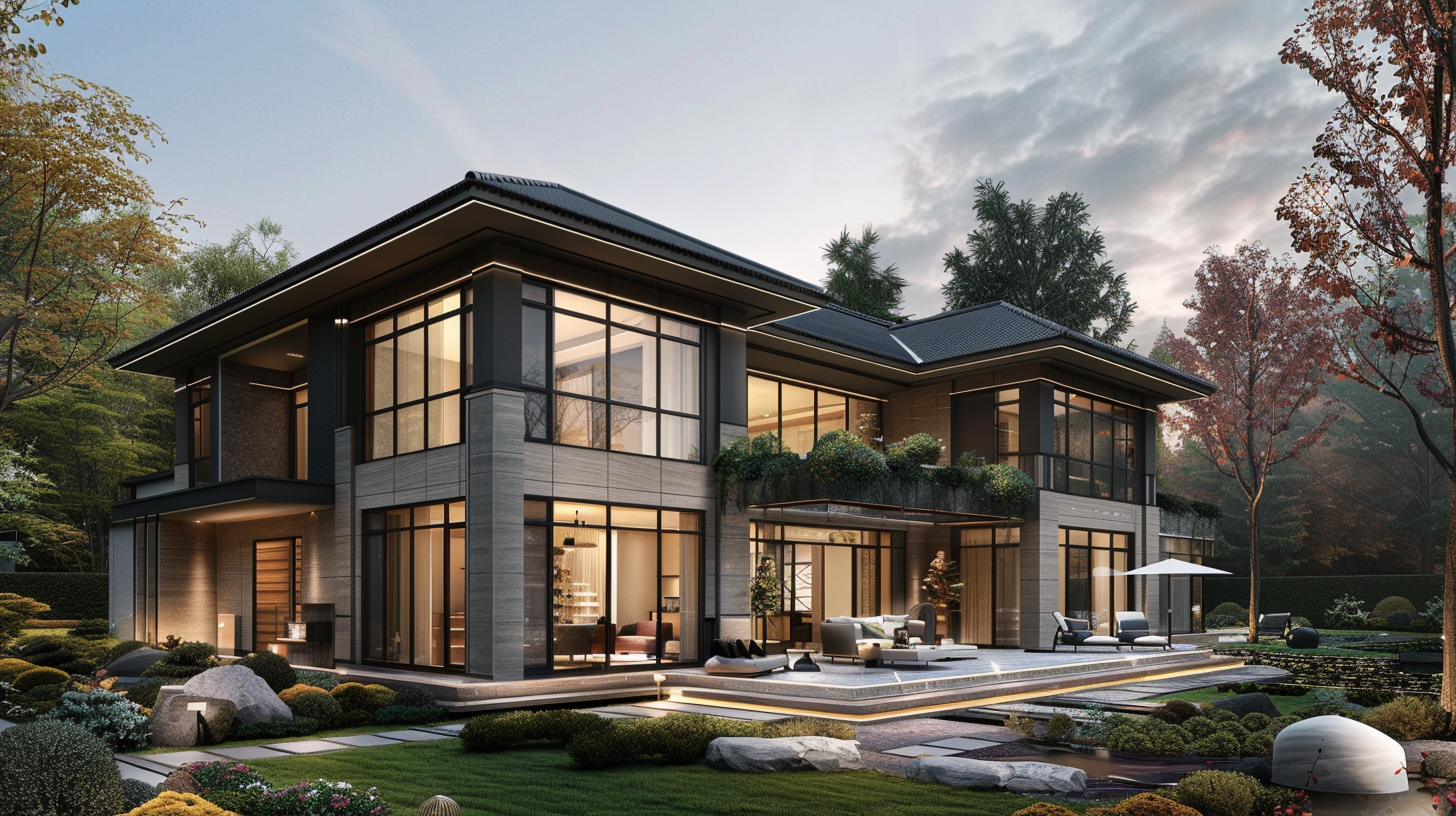 Modern two-story house with large glass windows, surrounded by landscaped garden with rocks, trees, and outdoor seating area at sunset.