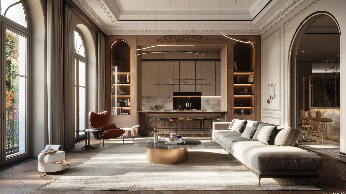 Luxurious living room with large windows, a beige sofa with cushions, a round coffee table, a modern red armchair, floor-to-ceiling curtains, and a built-in wooden bookshelf in the background.