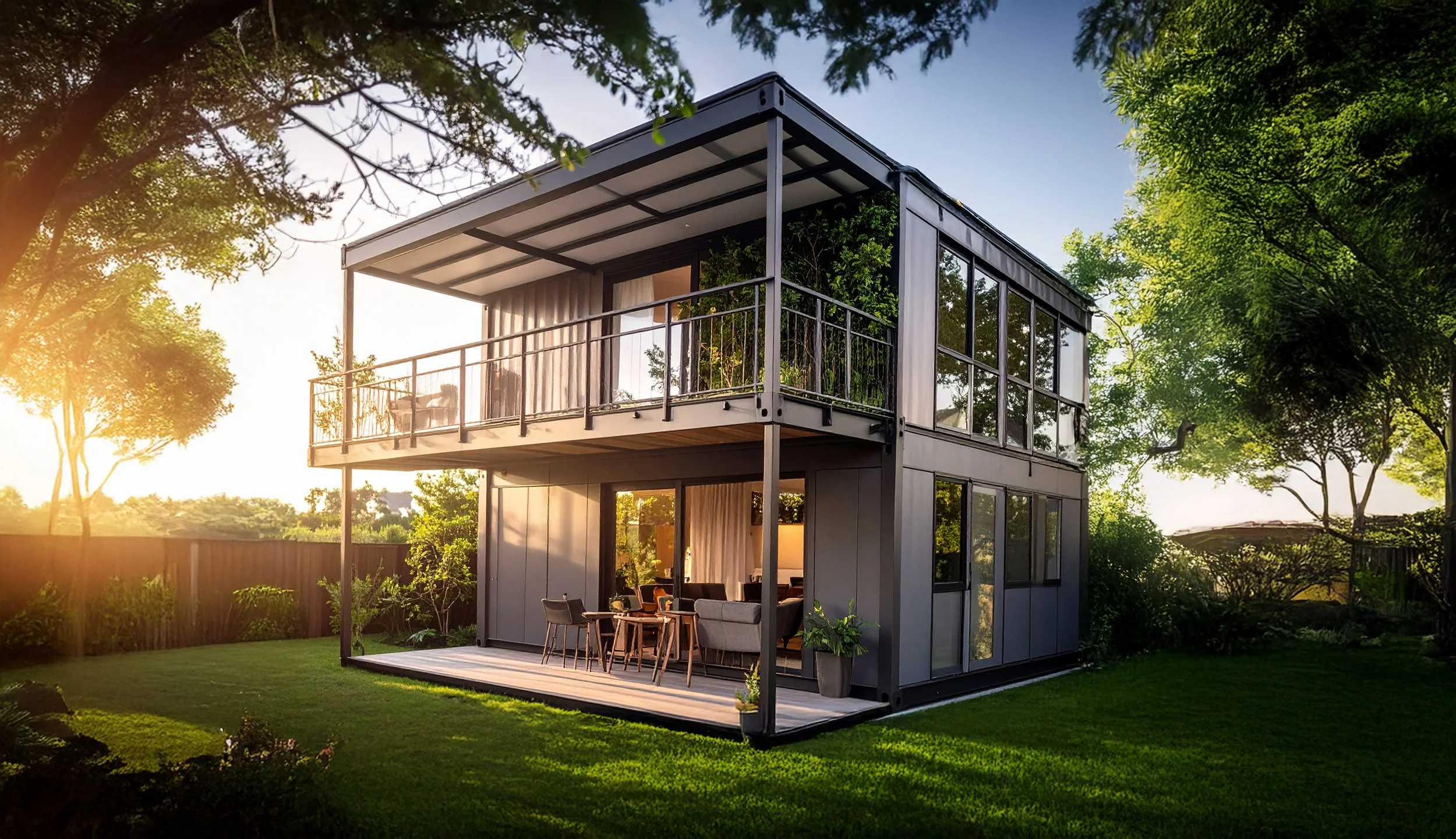 Modern two-story house with large glass windows and balcony, surrounded by green trees and a lawn, during sunset.