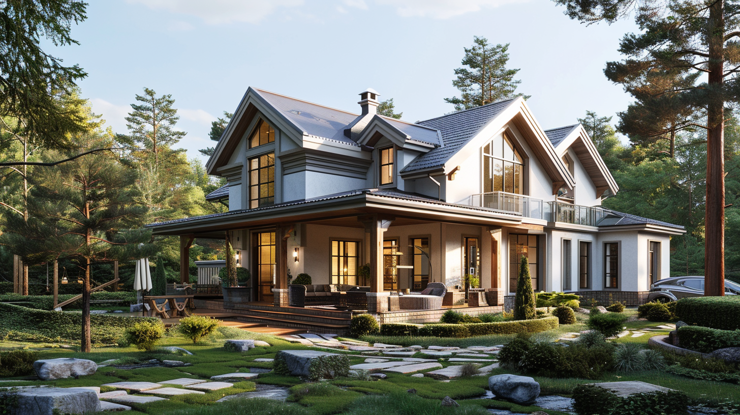 A large, elegant house with a modern design, surrounded by lush greenery and tall trees, featuring a spacious porch and a well-maintained garden.