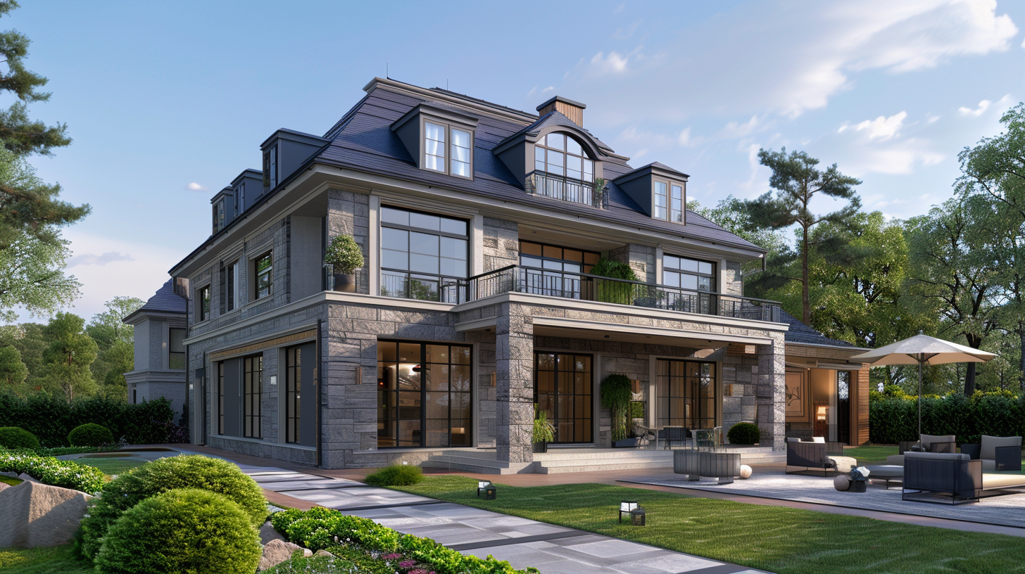 Large modern multi-story house with stone exterior, large windows, balcony with railing, and outdoor seating area with umbrella in a landscaped yard with trees and hedges.