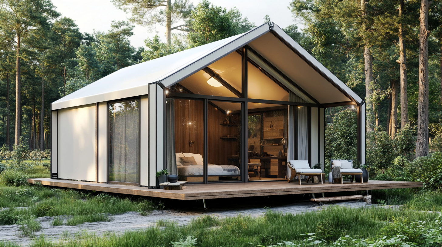 A modern tiny house with a sloped roof and glass walls, situated on a wooden deck in a forested area, with outdoor lounge furniture.