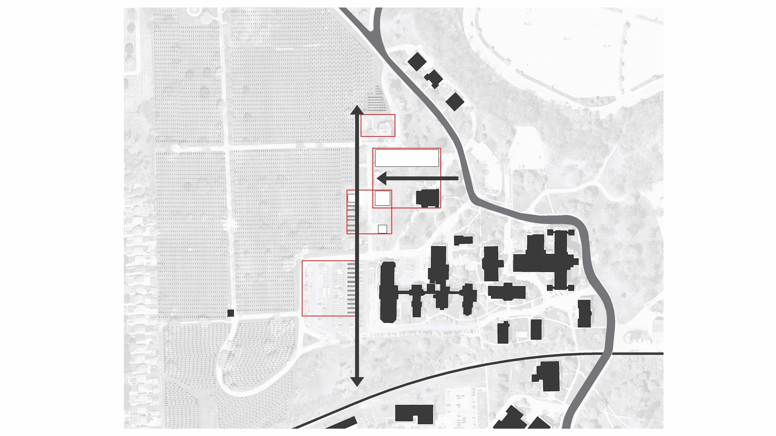 Site analysis reveals a significant programmatic disconnect between the VA Campus and Wood National Cemetery, where a lack of interstitial space prevents a cohesive landscape narrative. THRESHOLD proposes a strong horizontal and vertical axis for cir