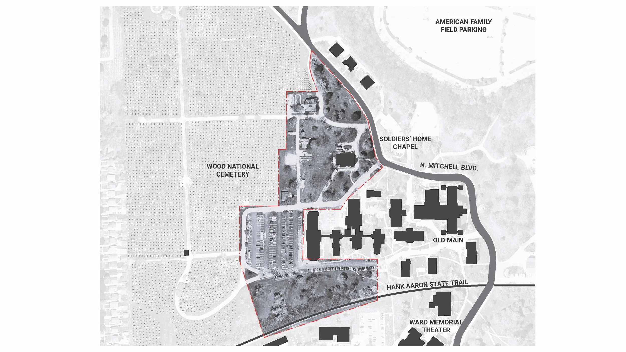 Site analysis reveals a significant programmatic disconnect between the VA Campus and Wood National Cemetery, where a lack of interstitial space prevents a cohesive landscape narrative. THRESHOLD proposes a strong horizontal and vertical axis for cir