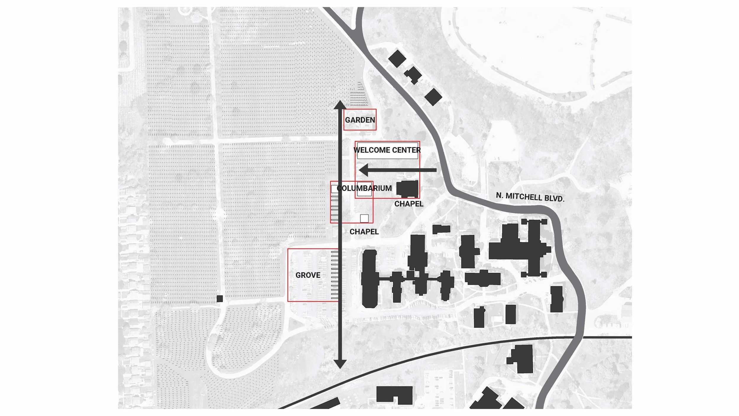 Site analysis reveals a significant programmatic disconnect between the VA Campus and Wood National Cemetery, where a lack of interstitial space prevents a cohesive landscape narrative. THRESHOLD proposes a strong horizontal and vertical axis for cir