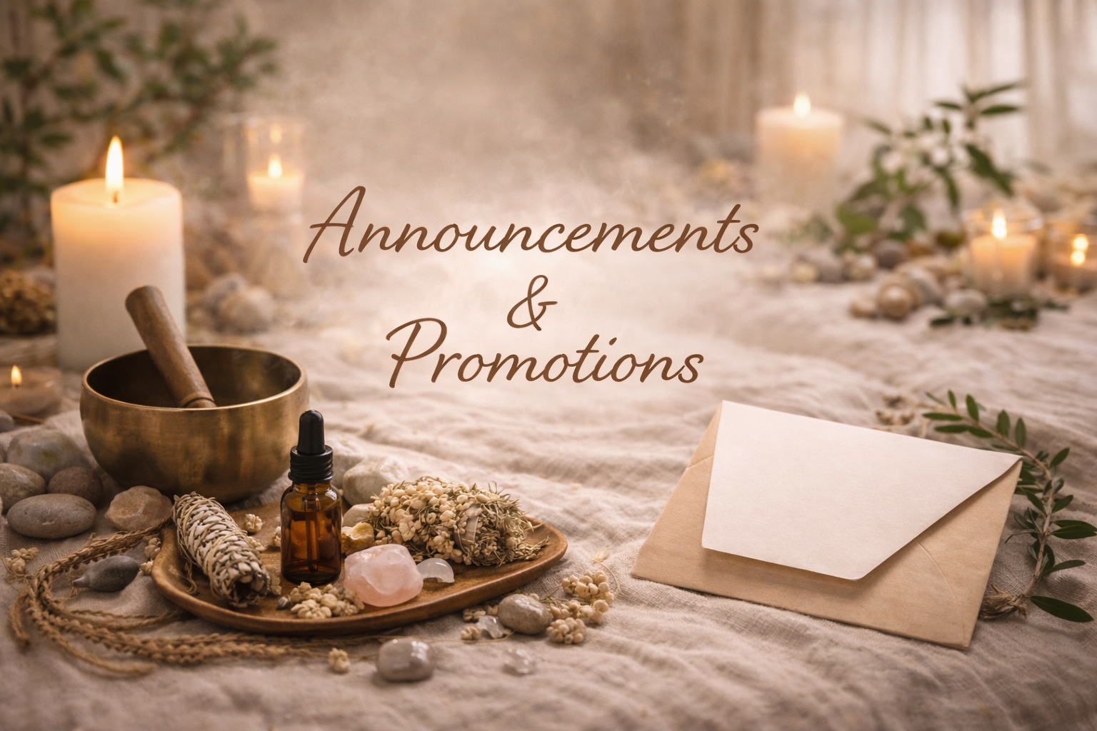 A serene setting with candles, crystals, herbs, and a letter on a table for announcements and promotions.