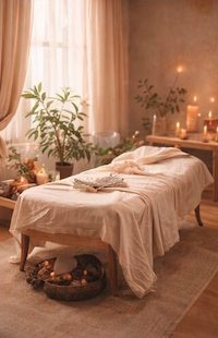 A cozy, well-lit room with a massage table covered in a white sheet, decorated with candles, plants, and natural elements, creating a relaxing spa atmosphere. Ready for reiki experience
