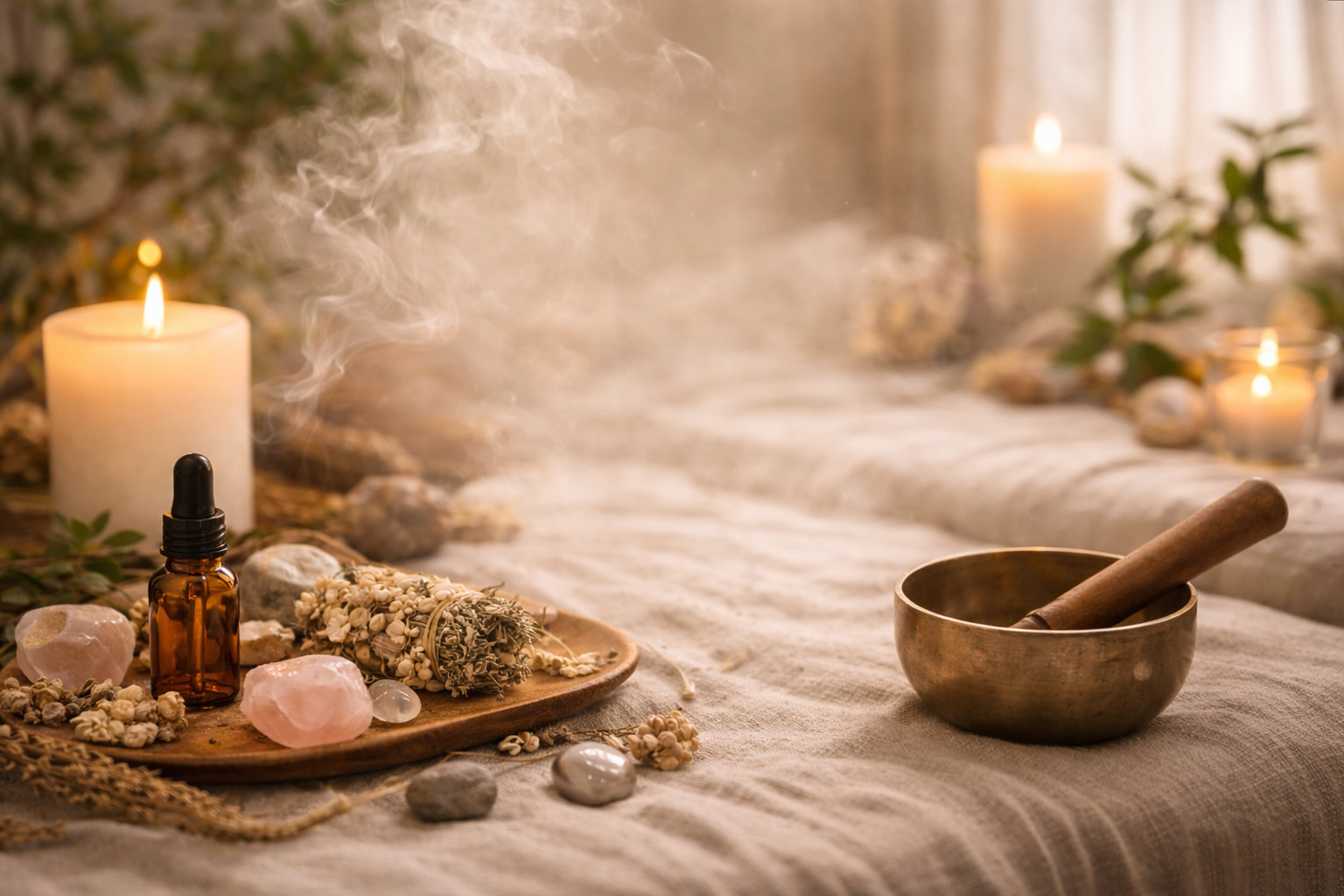 A calming spa setup with lit candles, essential oils, dried herbs, crystals, and a singing bowl on a soft cloth surface.