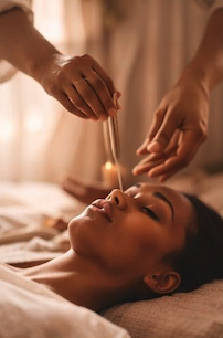 A person receiving a facial massage with a candle in their hand near their face. Sound healing