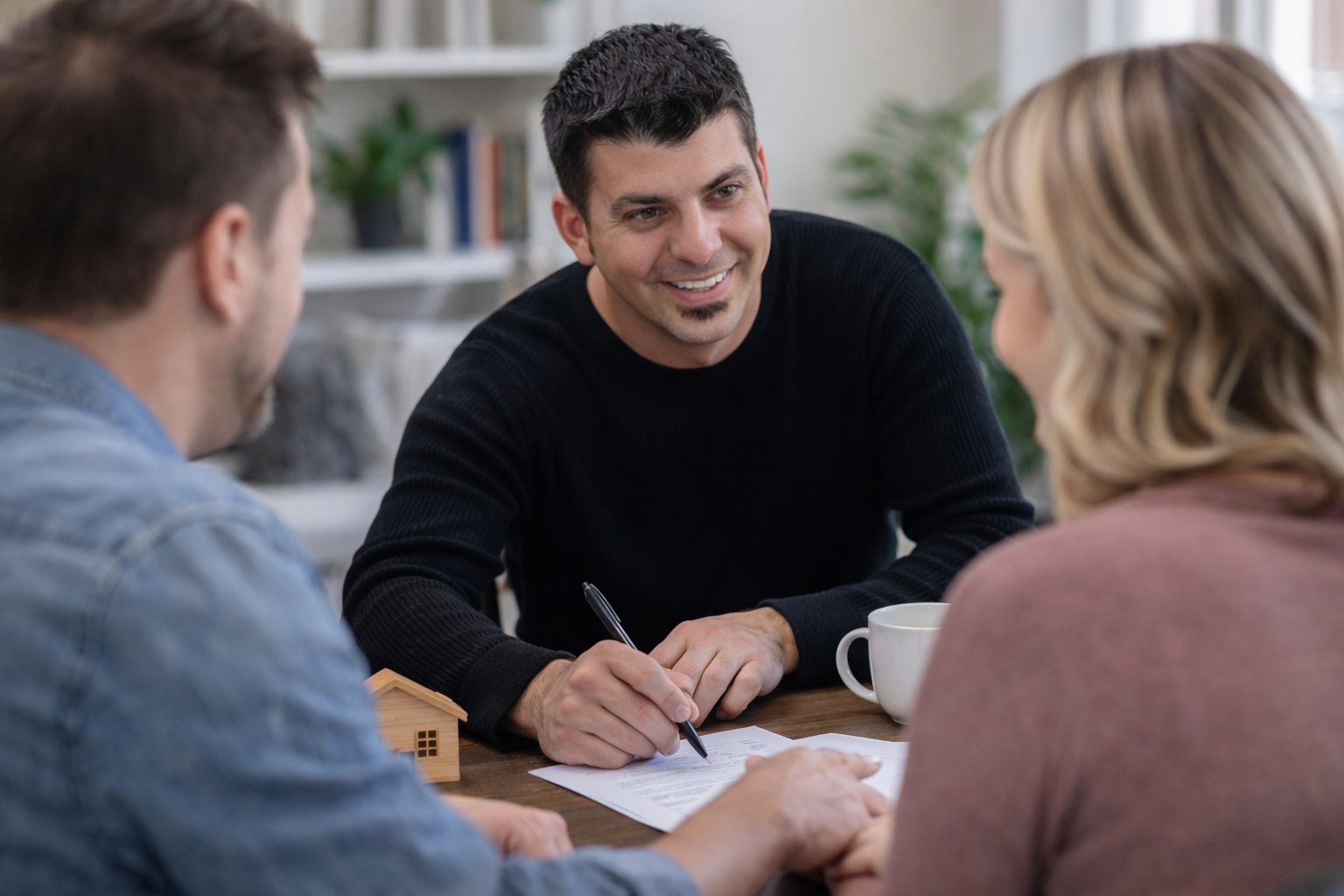 A man in a black sweater smiling and talking to a couple across a table, with paperwork in front of him, in a cozy, well-lit room.