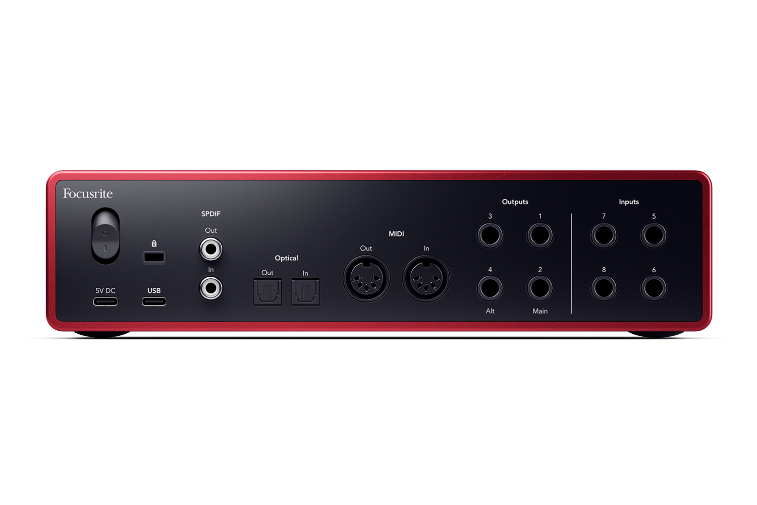 Focusrite Scarlett 18i16 audio interface photographed from an angle, the model used in the music studio at STU 22 in Wapping, East London