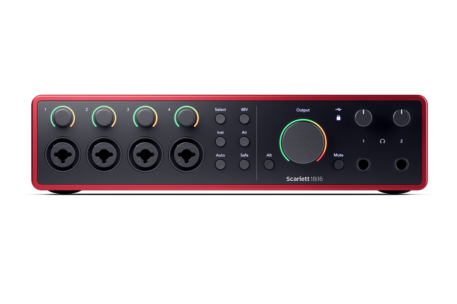 Focusrite Scarlett 18i16 front panel, showing the gain halos and the Air, Auto Gain and Safe controls, the same interface fitted in The Portal at STU 22