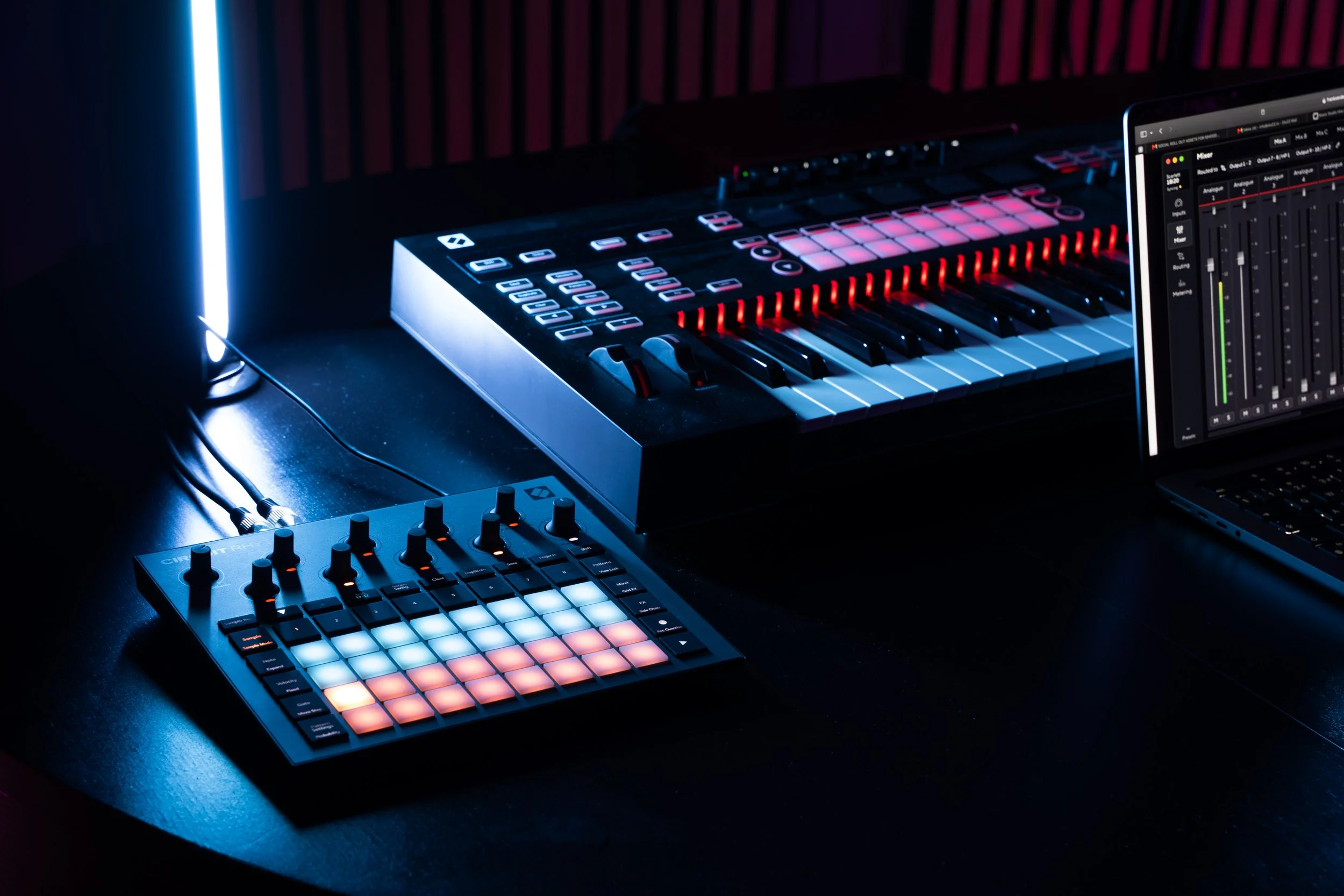 A Novation Circuit Rhythm sampler and Novation 61SL MkIII keyboard beside the Focusrite Scarlett 18i16 interface in the music studio at STU 22 in Wapping, East London