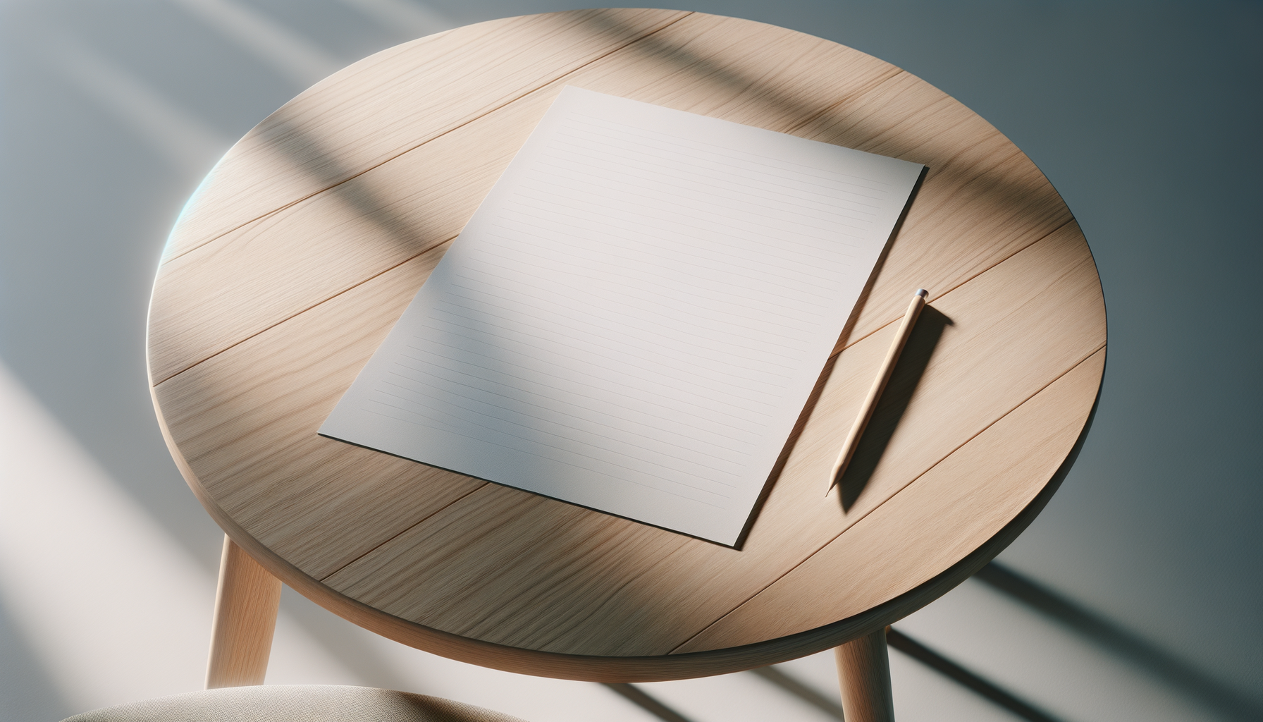 Hojas en blanco y lápiz sobre mesa de madera en luz natural