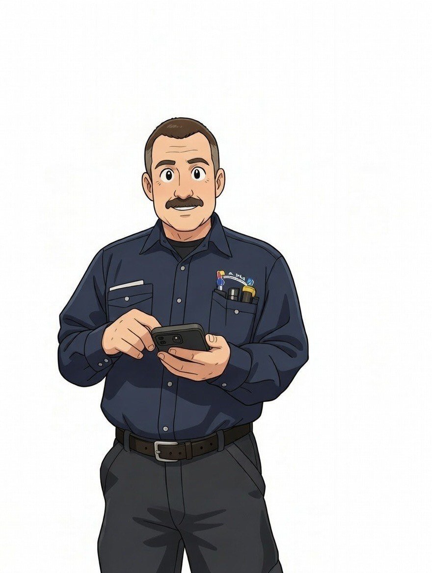 Animated image of a man with a mustache wearing a dark blue work shirt with pockets, holding a smartphone and looking at the camera.