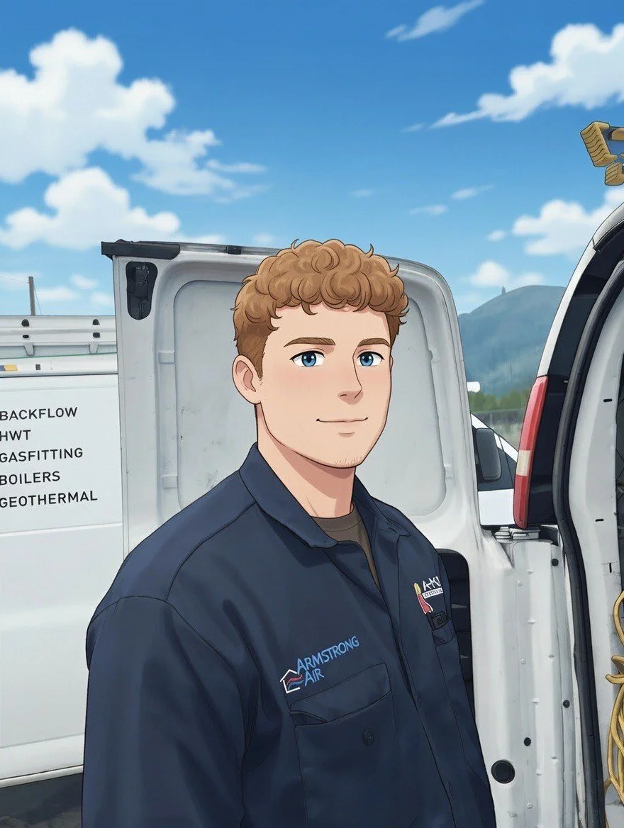 Digital illustration of a young man with curly brown hair and blue eyes wearing a navy blue uniform with an Armstrong Air logo, standing outdoors near a white service truck with equipment on the side, under a partly cloudy sky.