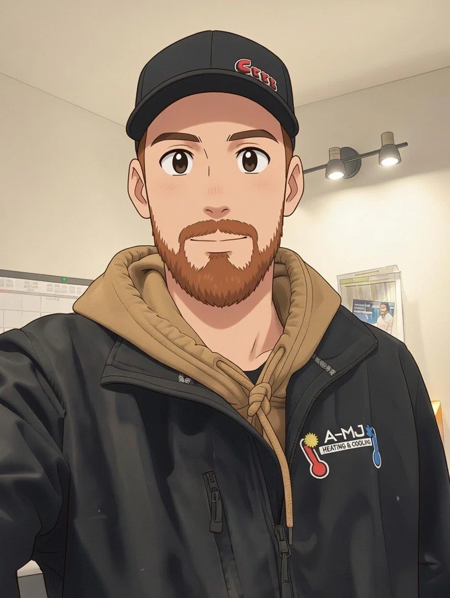 A cartoon-style illustration of a man wearing a black cap with red lettering, a tan hoodie, and a black jacket with a heating and cooling company logo, standing in a room with a beige wall and a ceiling light.
