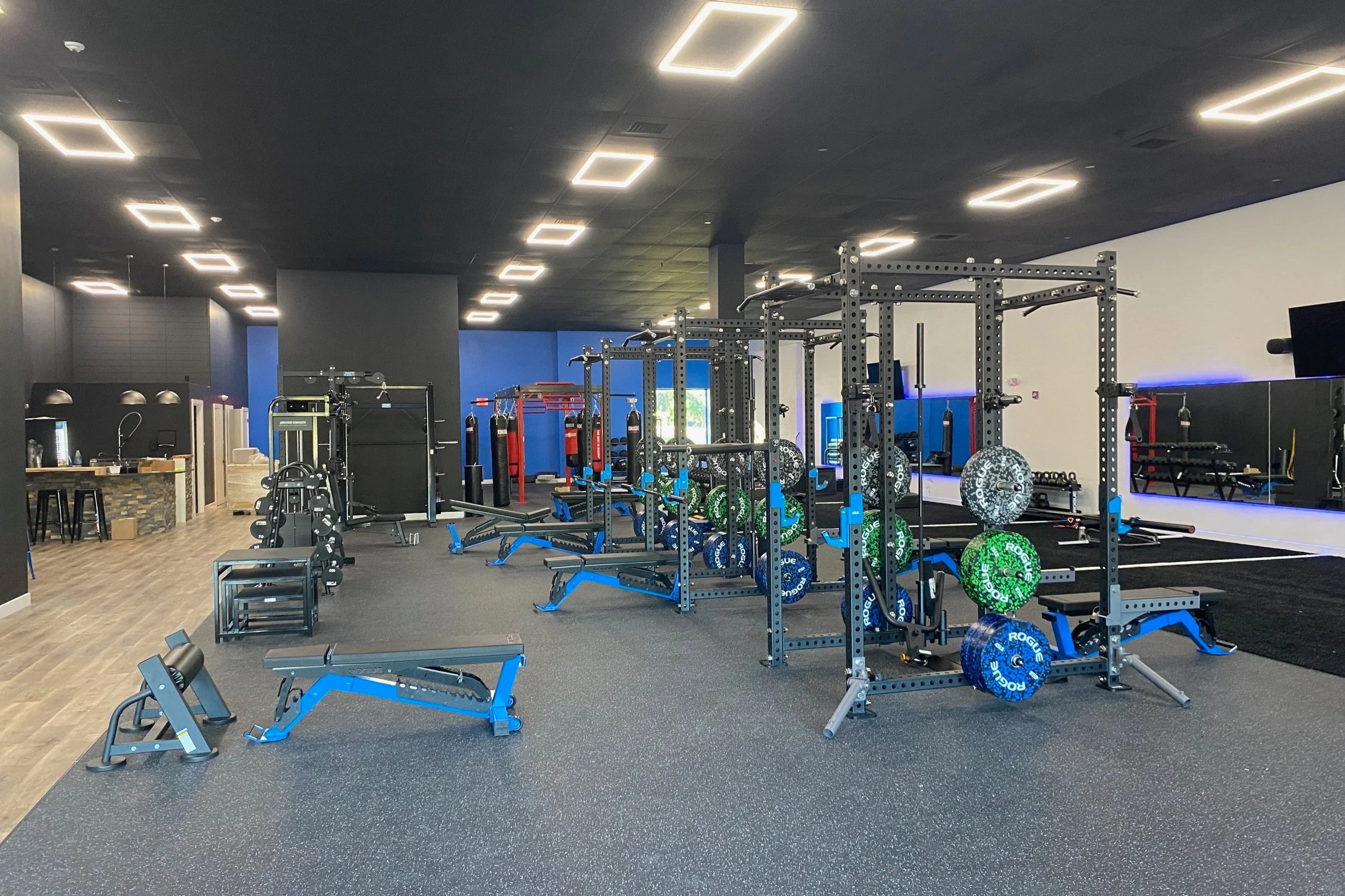 Modern gym with weightlifting equipment, including barbells, weights, and squat racks, in a spacious, well-lit room with black and blue accents.