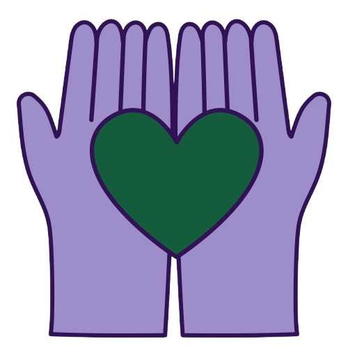 Two purple hands forming a heart shape with a dark green heart in the center.