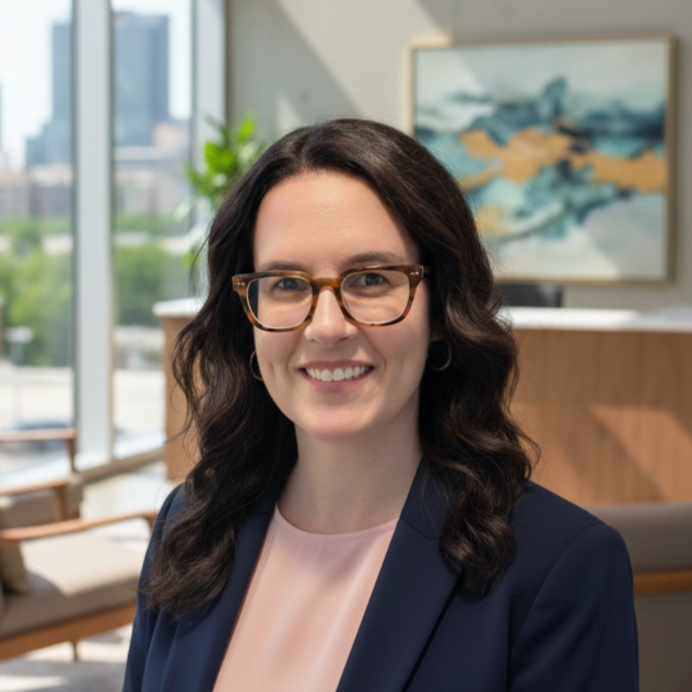 A woman with dark hair, glasses, and hoop earrings smiling at the camera in an office setting with large windows, a painting, and a plant in the background.