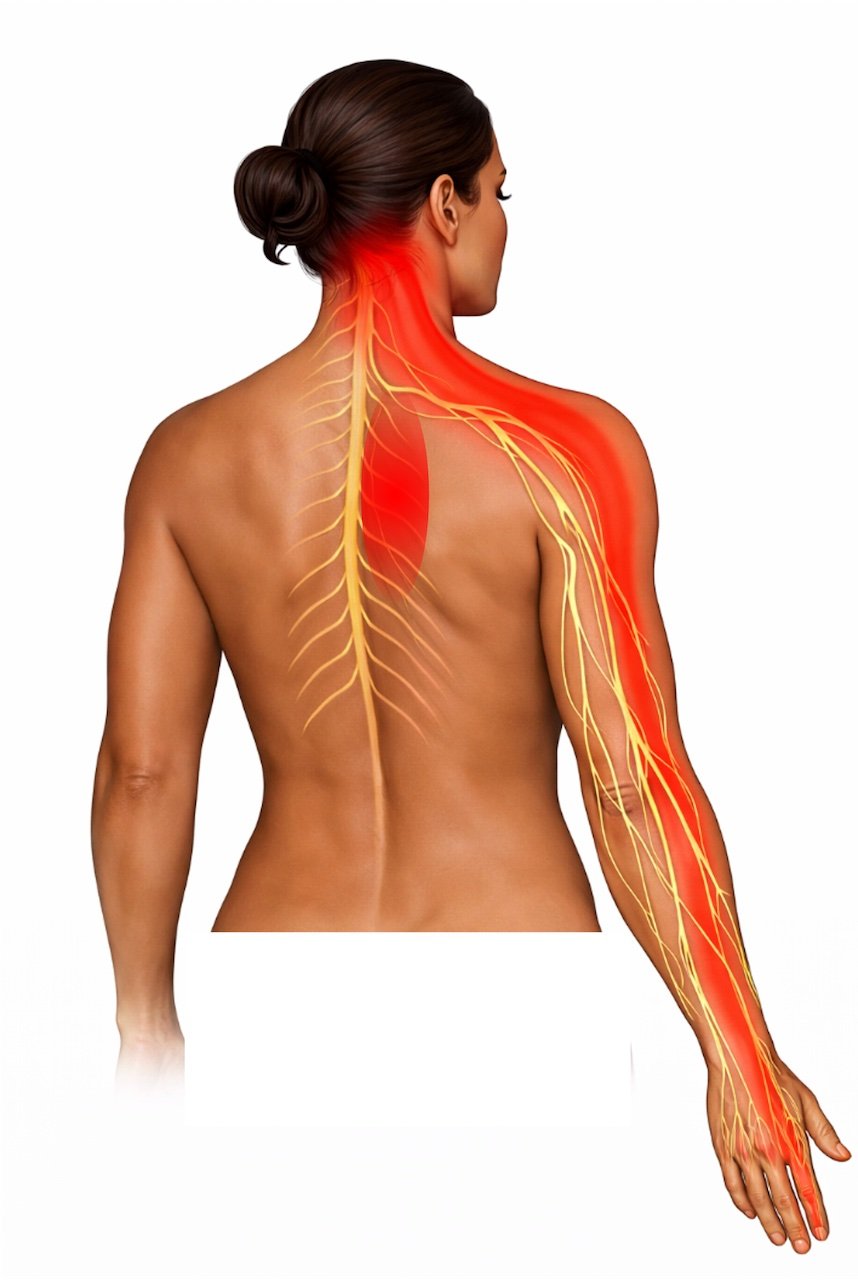 Illustration of a woman from the back showing the nervous system, with the nerves highlighted in yellow and the nerve pathways on the right arm highlighted in red.