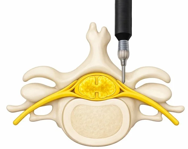 Medical model of a spinal vertebra with a nerve root and a surgical needle or instrument.