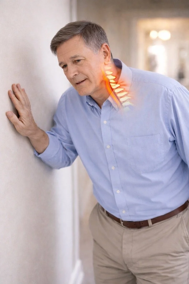 An older man leaning against a wall with a digital illustration of his neck showing pain or injury.