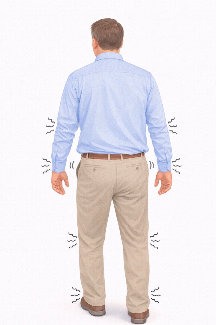 Back view of a man in a light blue shirt and beige pants, with illustrated wavy lines around his arms, sides, and legs, indicating discomfort or pain.
