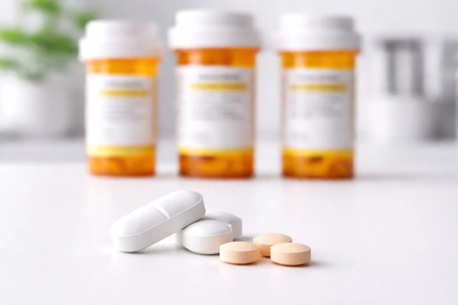 Prescription medication bottles with white and peach pills in front.