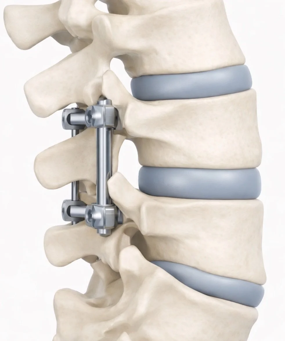 A detailed illustration of a spinal fusion surgery showing metal rods, screws, and artificial disc replacements in the lumbar spine.