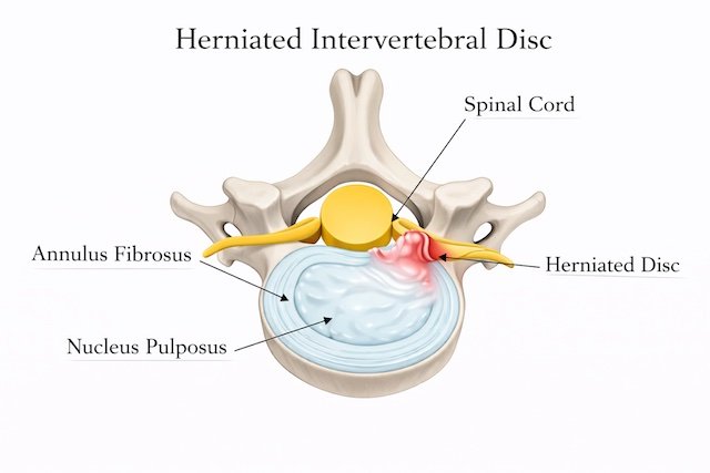 Diagram of a herniated intervertebral disc showing a spinal vertebra, herniated disc pressing on spinal cord, annulus fibrosus, nucleus pulposus, and the herniation with redness.